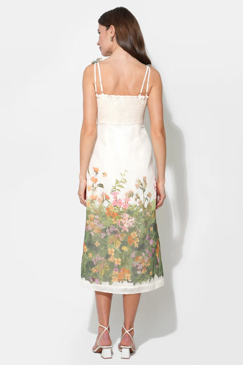 Adelyn Rae Eloise Braided Printed Floral Midi Dress cream green 