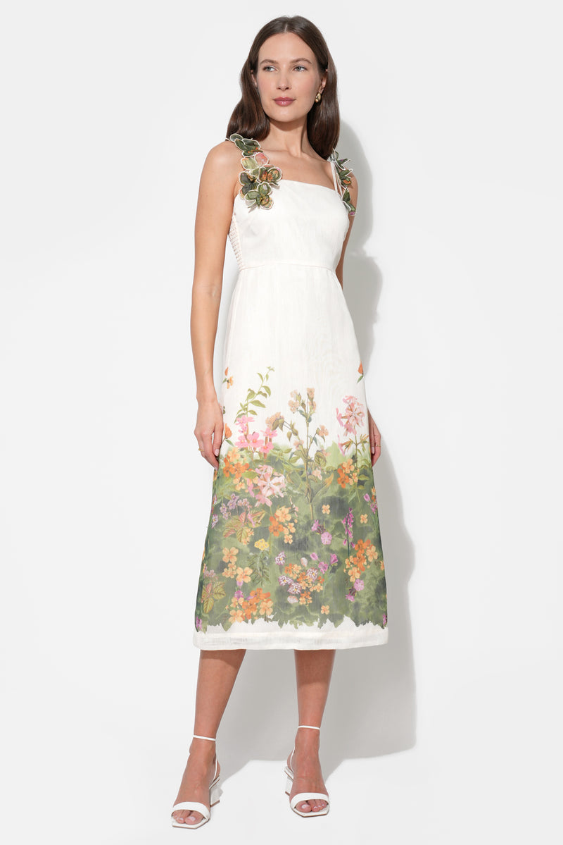 Adelyn Rae Eloise Braided Printed Floral Midi Dress cream green 