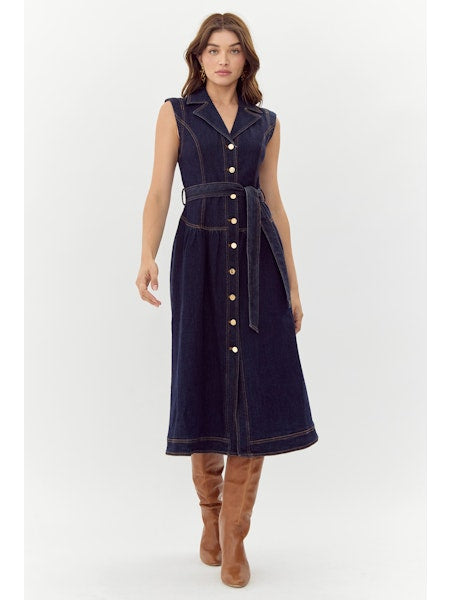 adelyn rae gloria belted denim skirt midi dress-front