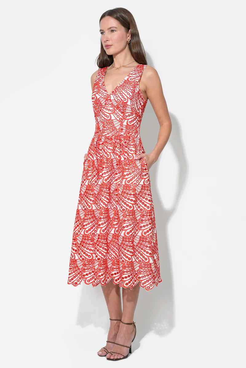 Adelyn Rae Joanna Corset Embroidery Midi Dress white red