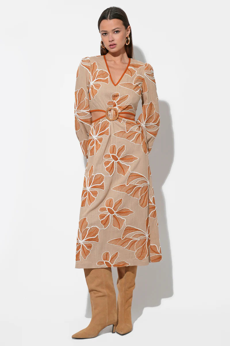 Adelyn Rae Joy Embroidered Maxi Dress With Side Cut Out in natural 