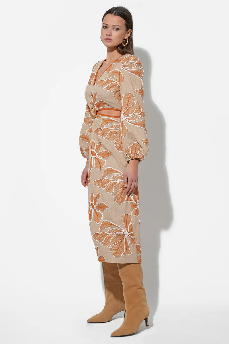 Adelyn Rae Joy Embroidered Maxi Dress With Side Cut Out in natural 