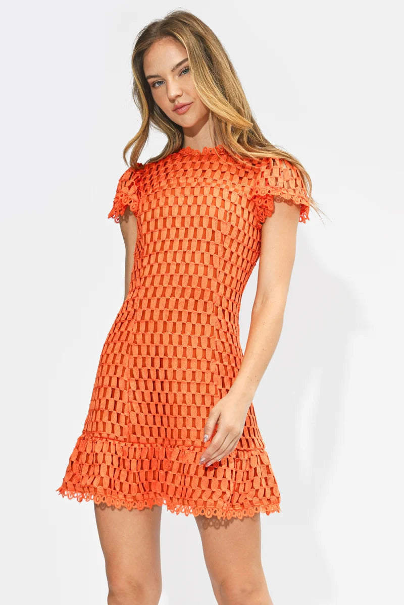 Adelyn Rae Kayla Flutter Sleeves Lace Mini Dress orange