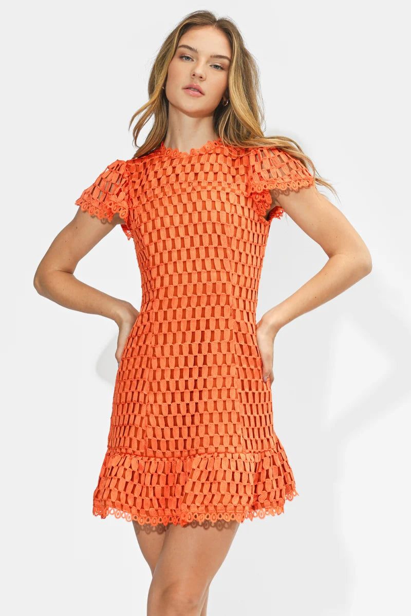 Adelyn Rae Kayla Flutter Sleeves Lace Mini Dress orange
