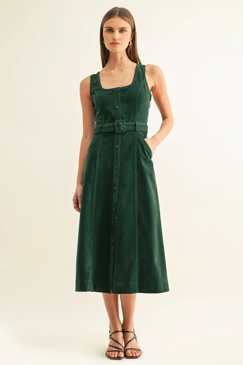 Adelyn Rae Kensley Vegan Suede Contrast Piped Midi Dress hunter green 