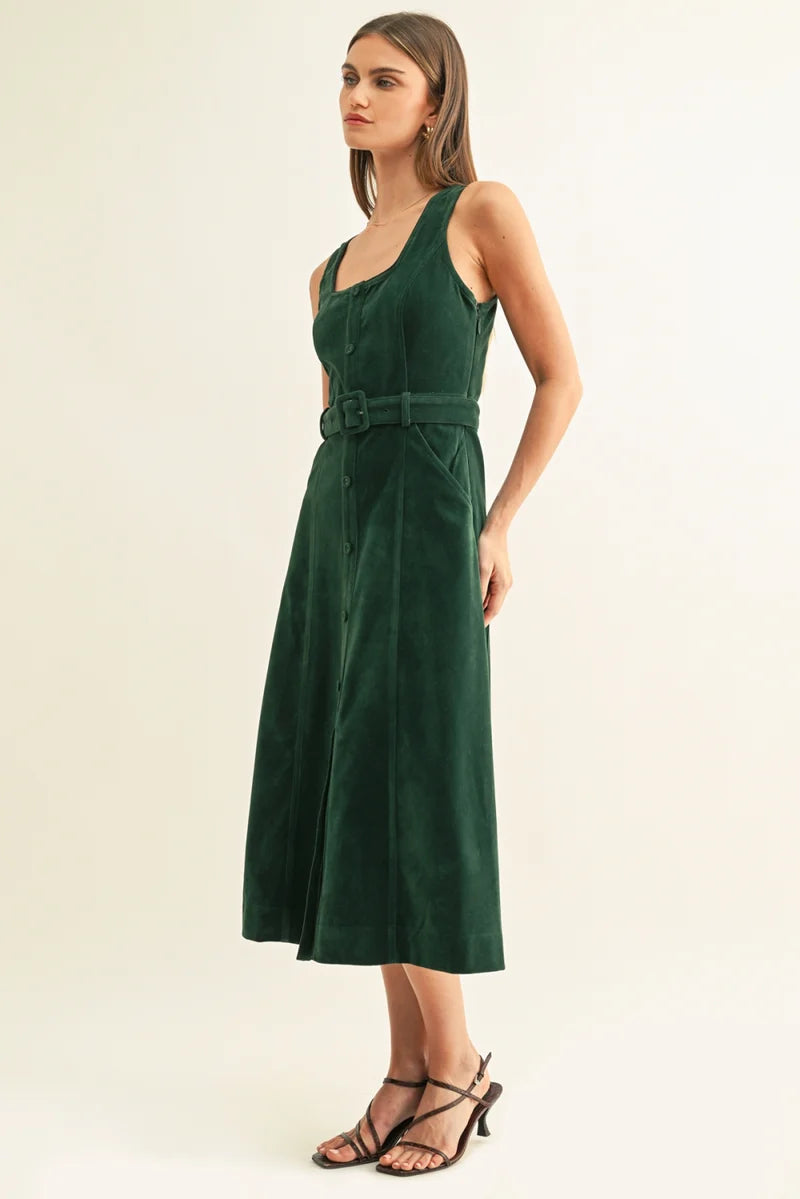Adelyn Rae Kensley Vegan Suede Contrast Piped Midi Dress hunter green 
