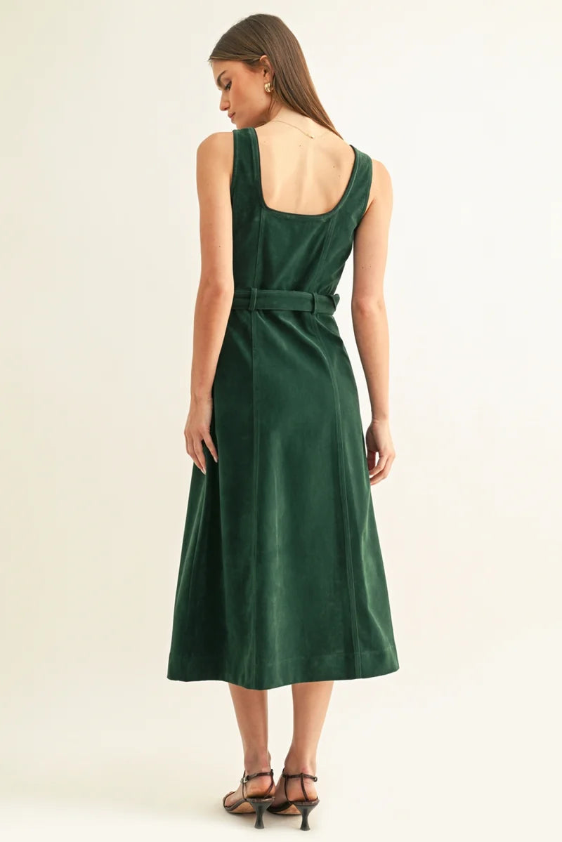 Adelyn Rae Kensley Vegan Suede Contrast Piped Midi Dress hunter green 
