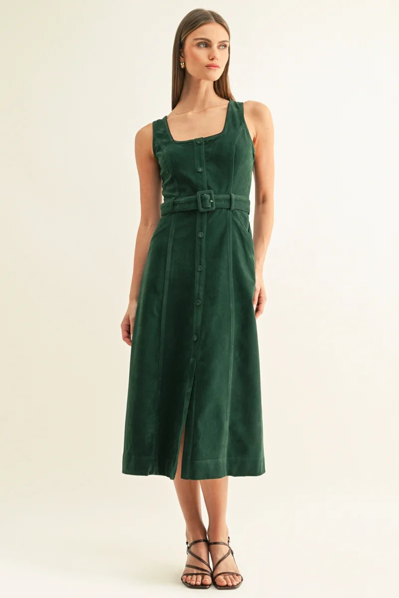 Adelyn Rae Kensley Vegan Suede Contrast Piped Midi Dress hunter green 