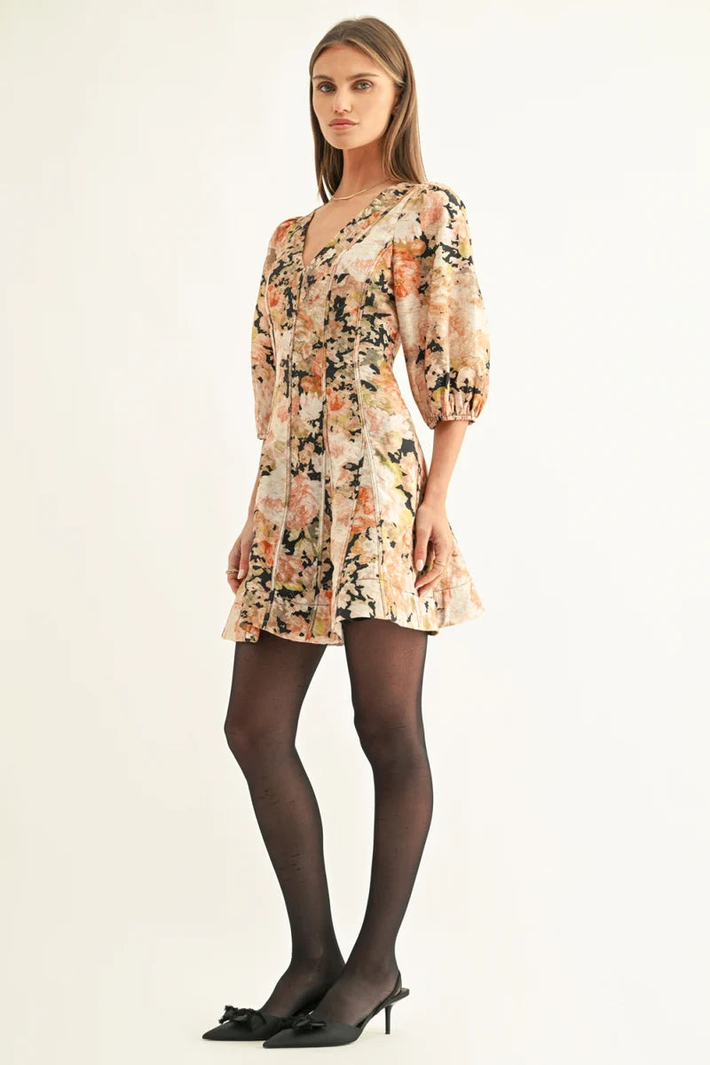 Adelyn Rae Kalini 3/4 Sleeves Flared Mini Dress black multi 