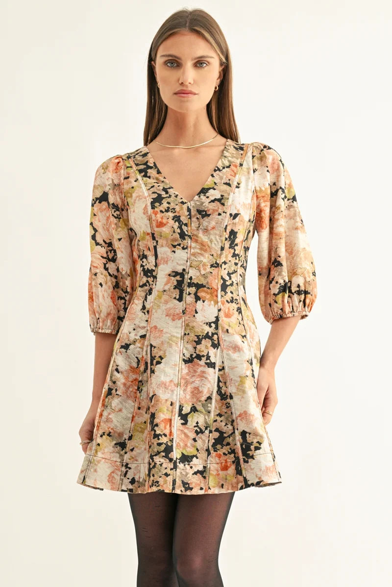 Adelyn Rae Kalini 3/4 Sleeves Flared Mini Dress black multi 