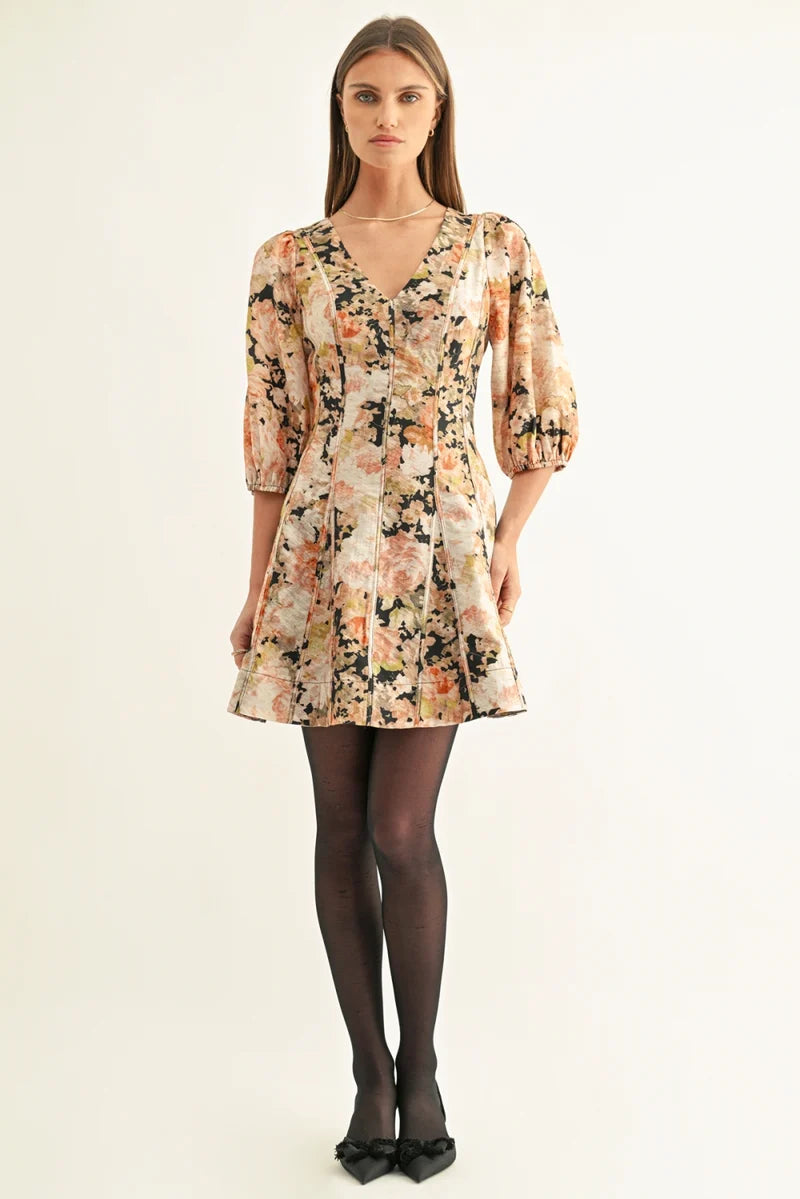 Adelyn Rae Kalini 3/4 Sleeves Flared Mini Dress black multi 
