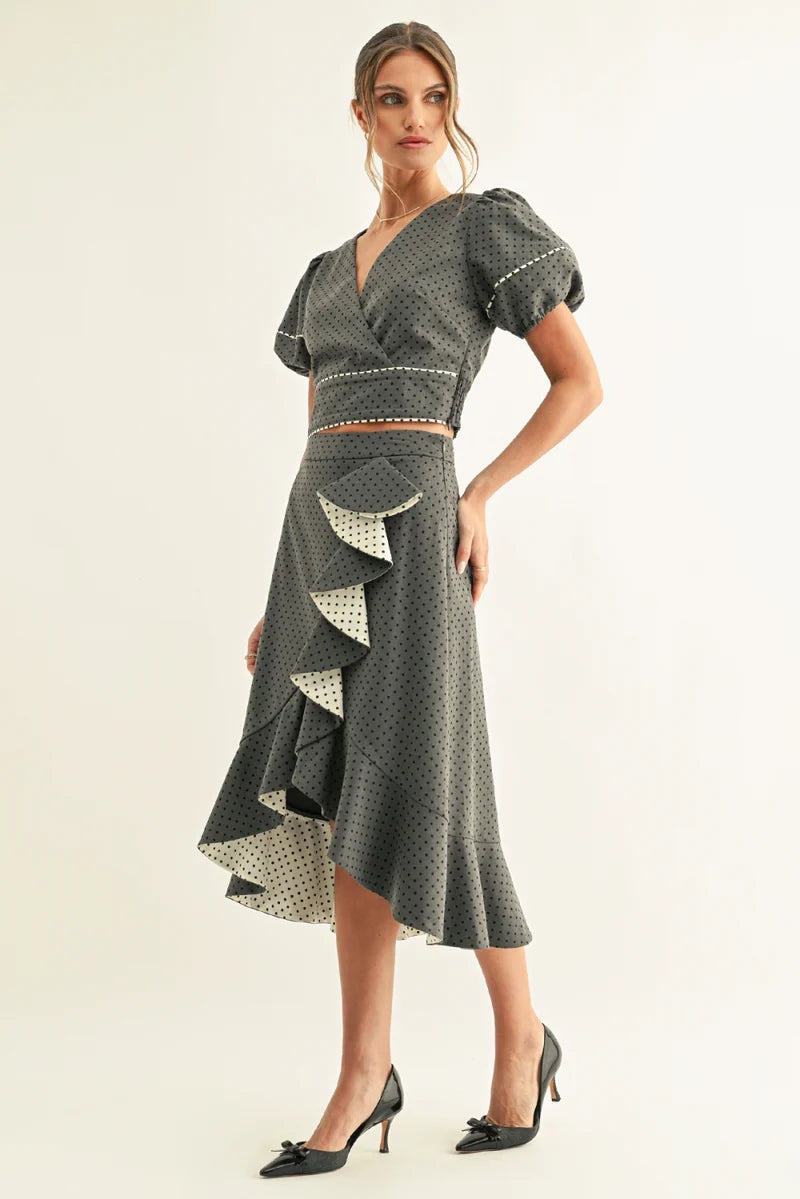 Adelyn Rae Lina Polka Dot Ruffled Midi Skirt dark denim dot 