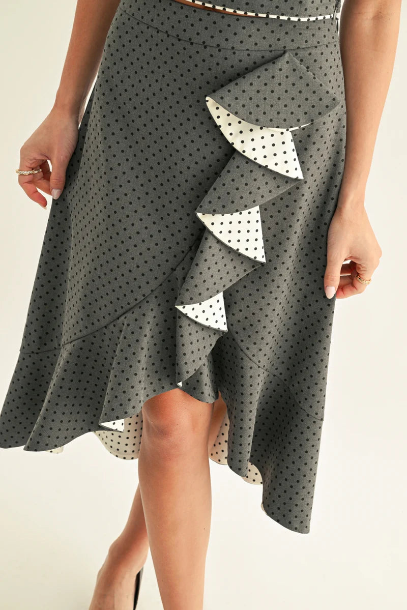 Adelyn Rae Lina Polka Dot Ruffled Midi Skirt dark denim dot 
