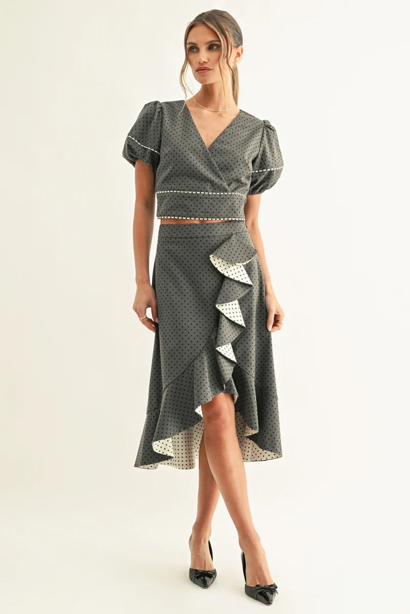 Adelyn Rae Lina Polka Dot Ruffled Midi Skirt dark denim dot 