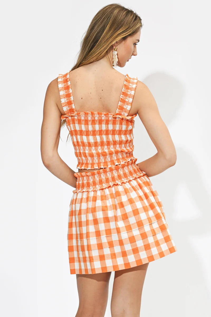 Adelyn Rae Lyla Yarn Dyed Plaid Smocked Crop Top orange white 