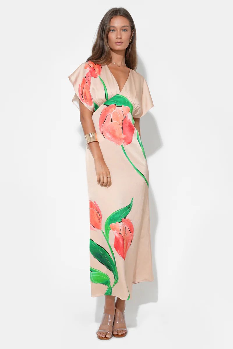 Adelyn Rae Madelyn Flutter Sleeve Large Floral Midi Dress floral print 