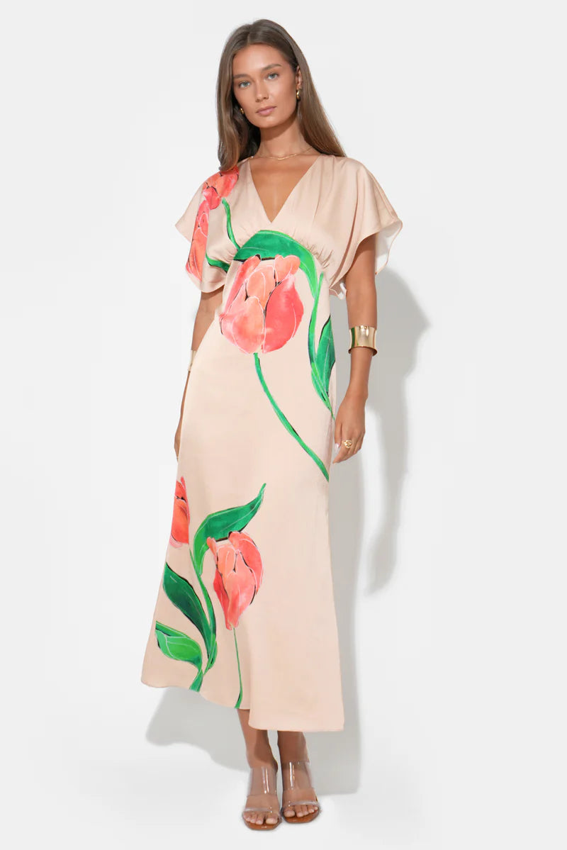 Adelyn Rae Madelyn Flutter Sleeve Large Floral Midi Dress floral print 