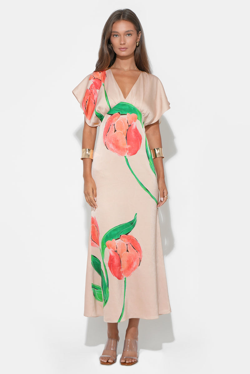 Adelyn Rae Madelyn Flutter Sleeve Large Floral Midi Dress floral print 