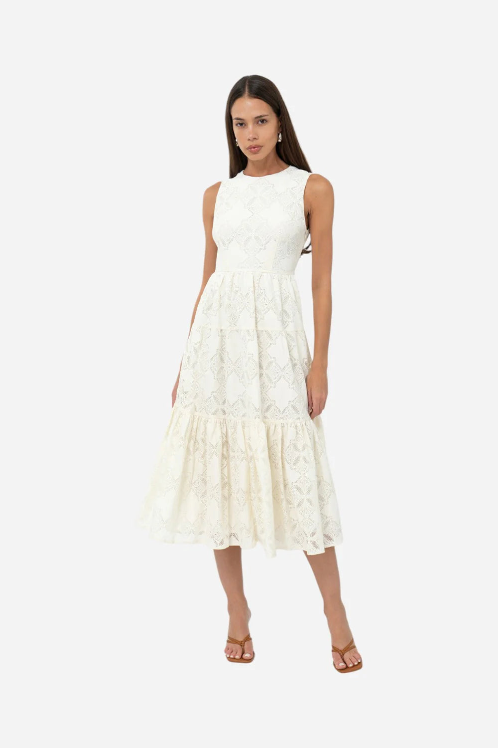 Adelyn Rae Marina Lace Tiered Midi Dress in cream-front