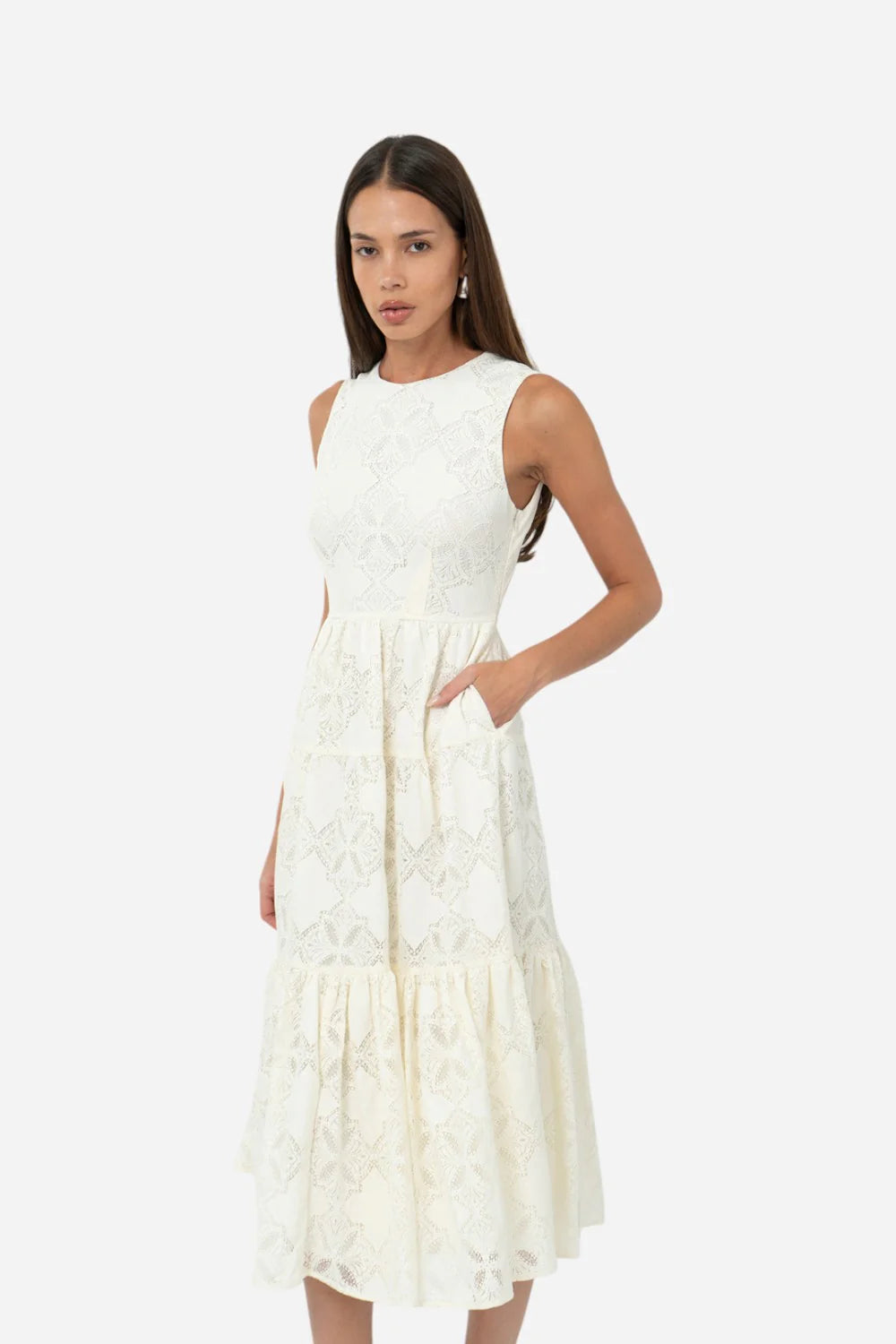 Adelyn Rae Marina Lace Tiered Midi Dress in cream-side