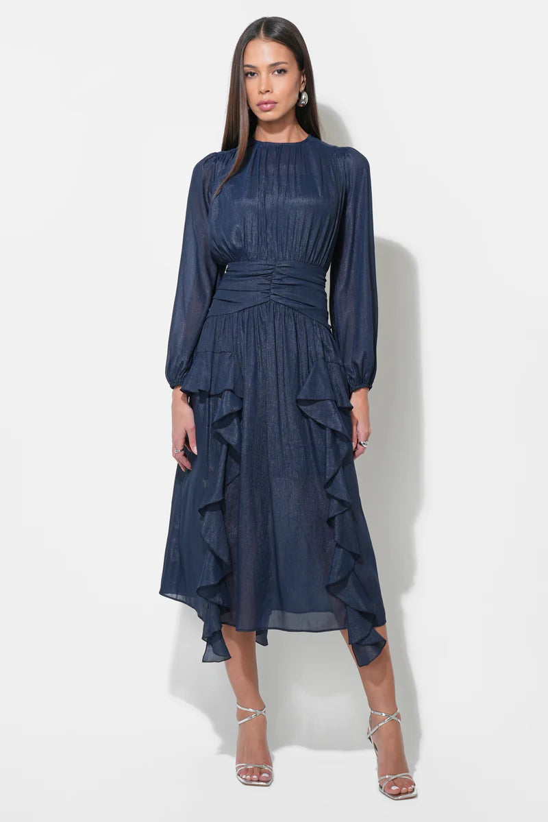Adelyn Rae Marlowe Ruffle Maxi Chiffon Dress navy