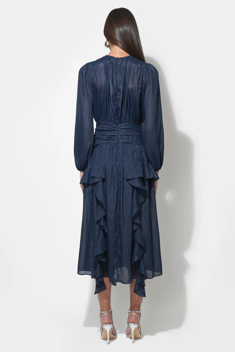 Adelyn Rae Marlowe Ruffle Maxi Chiffon Dress navy