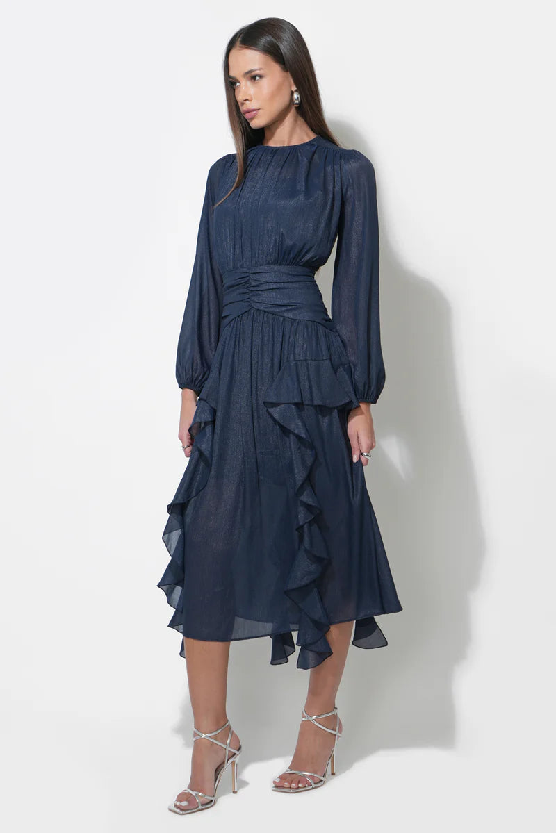 Adelyn Rae Marlowe Ruffle Maxi Chiffon Dress navy