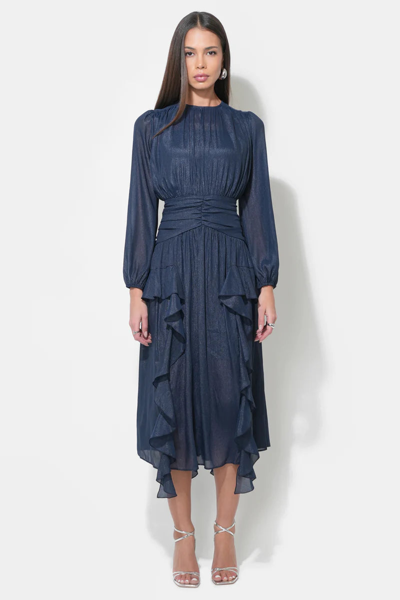 Adelyn Rae Marlowe Ruffle Maxi Chiffon Dress navy