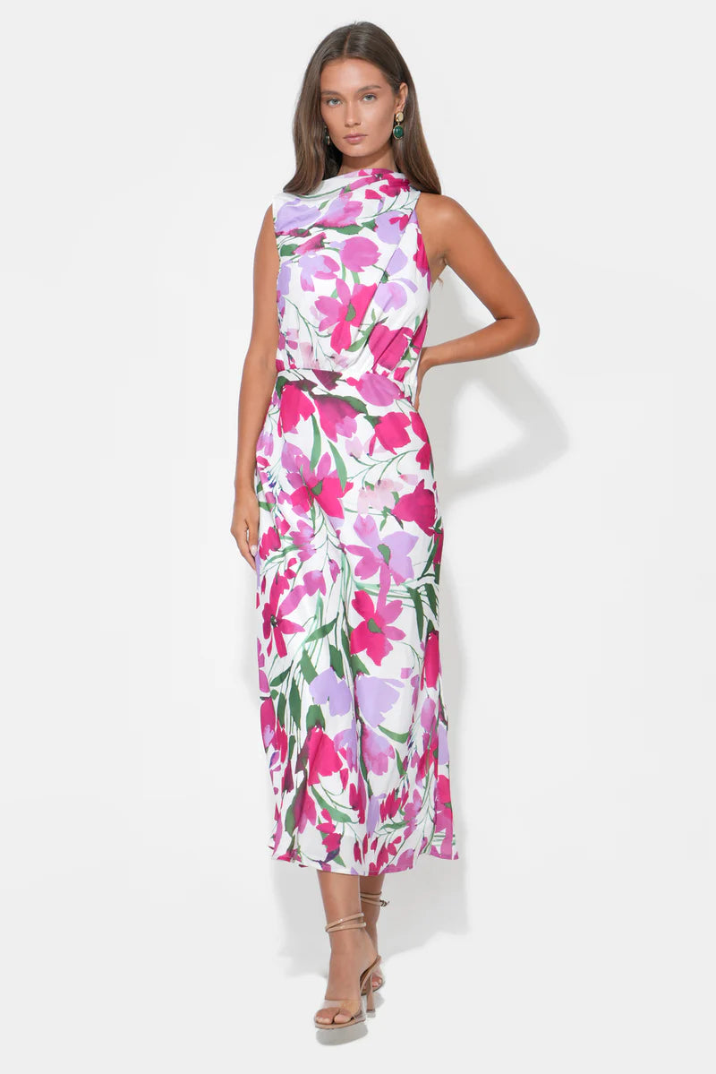 Adelyn Rae Melanie Draped Halter Midi Dress white lavender