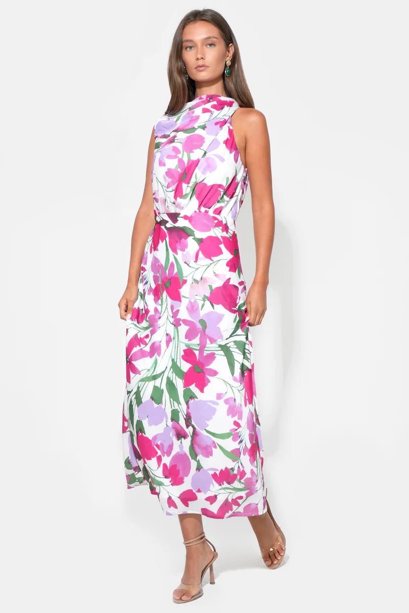 Adelyn Rae Melanie Draped Halter Midi Dress white lavender