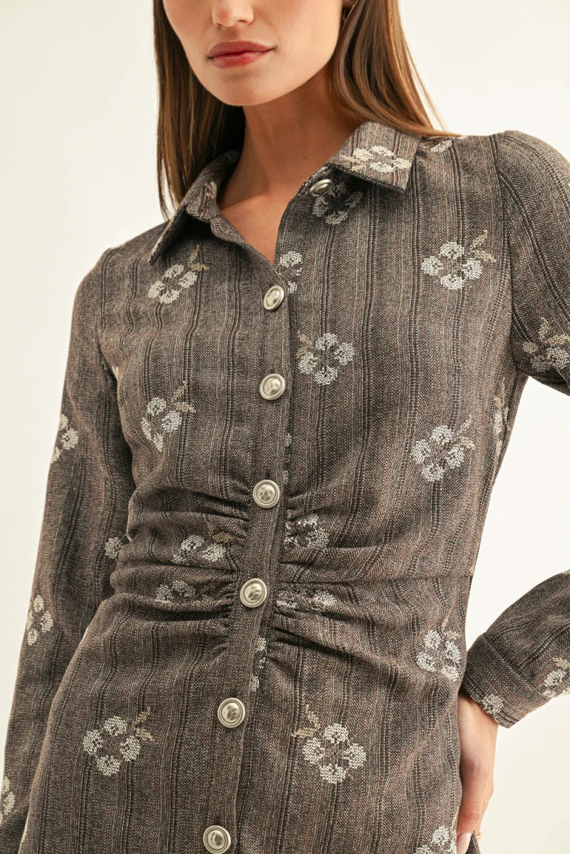 Adelyn Rae Nina Shirred Long Sleeve Shirt Dress brown multi 