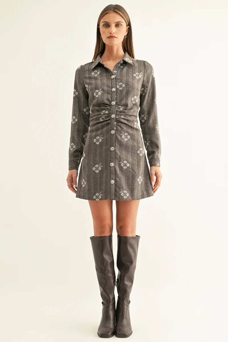 Adelyn Rae Nina Shirred Long Sleeve Shirt Dress brown multi 