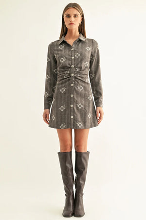 Adelyn Rae Nina Shirred Long Sleeve Shirt Dress brown multi 