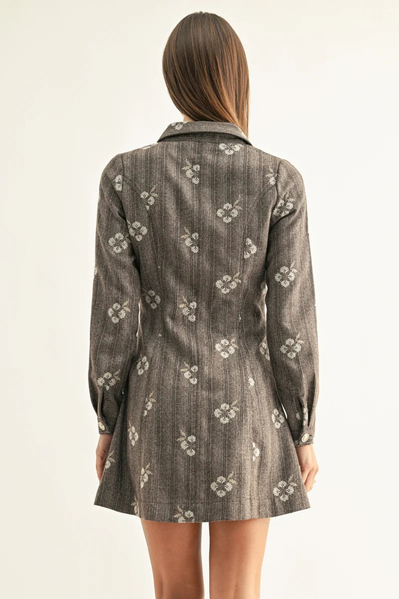 Adelyn Rae Nina Shirred Long Sleeve Shirt Dress brown multi 