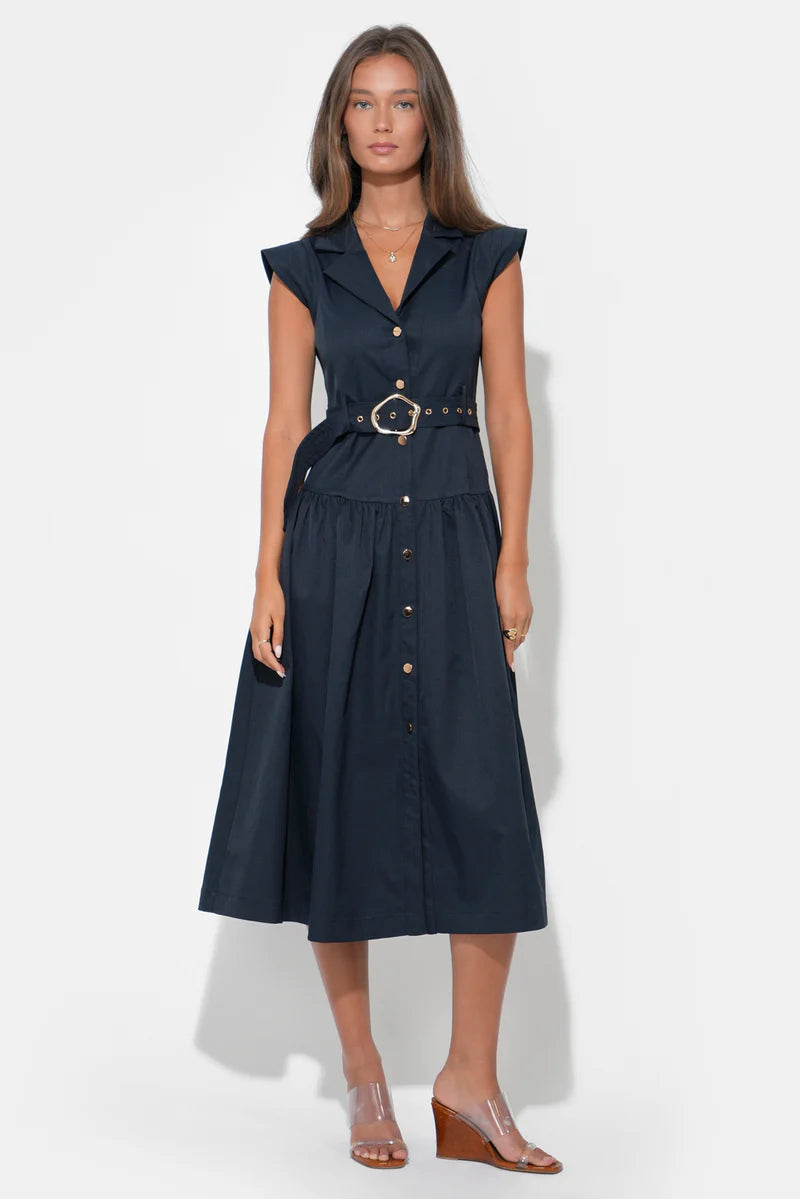 Adelyn Rae Olivia Belted Shirt Midi Dress dark navy