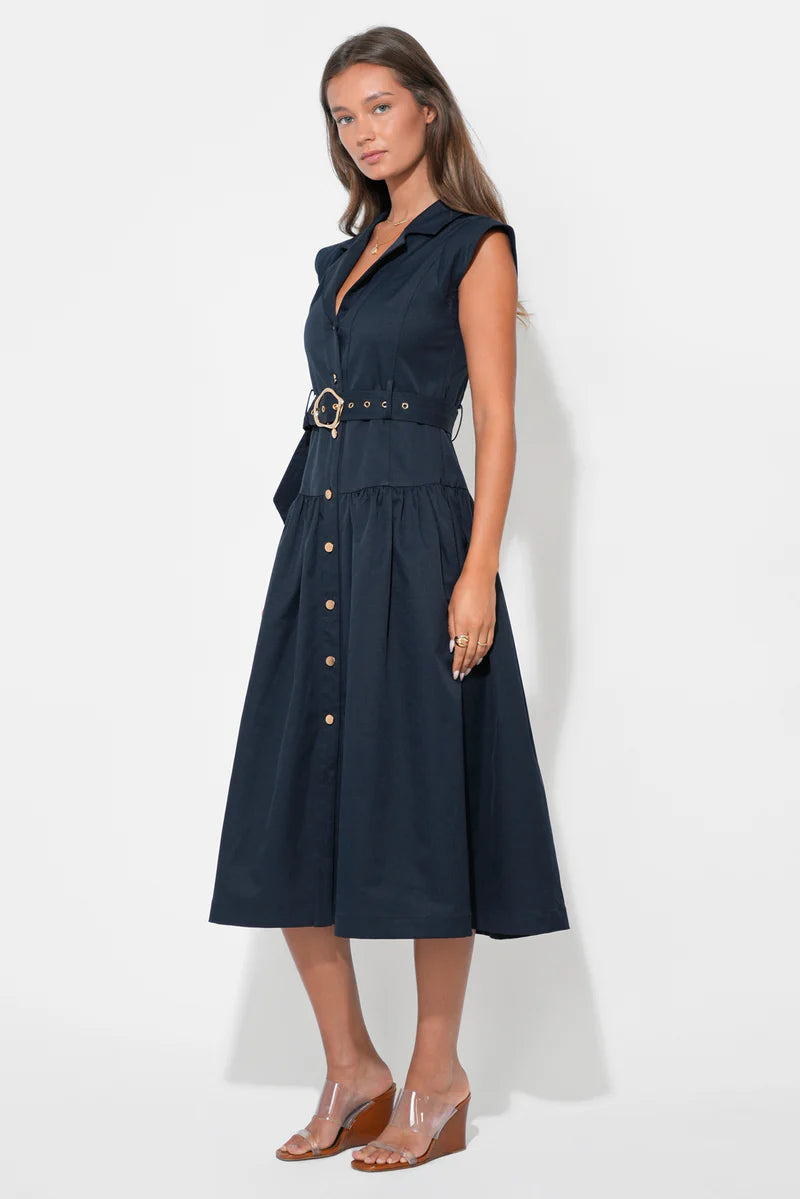 Adelyn Rae Olivia Belted Shirt Midi Dress dark navy