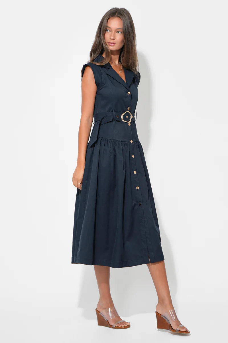 Adelyn Rae Olivia Belted Shirt Midi Dress dark navy