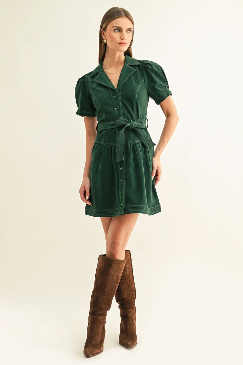 Adelyn Rae Paige Vegan Suede Belted Shirt Mini Dress hunter green 