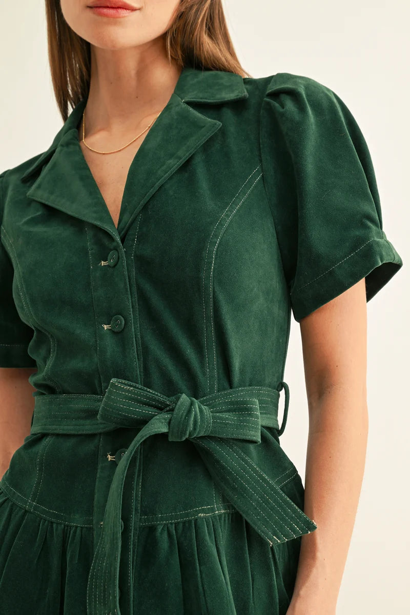 Adelyn Rae Paige Vegan Suede Belted Shirt Mini Dress hunter green 