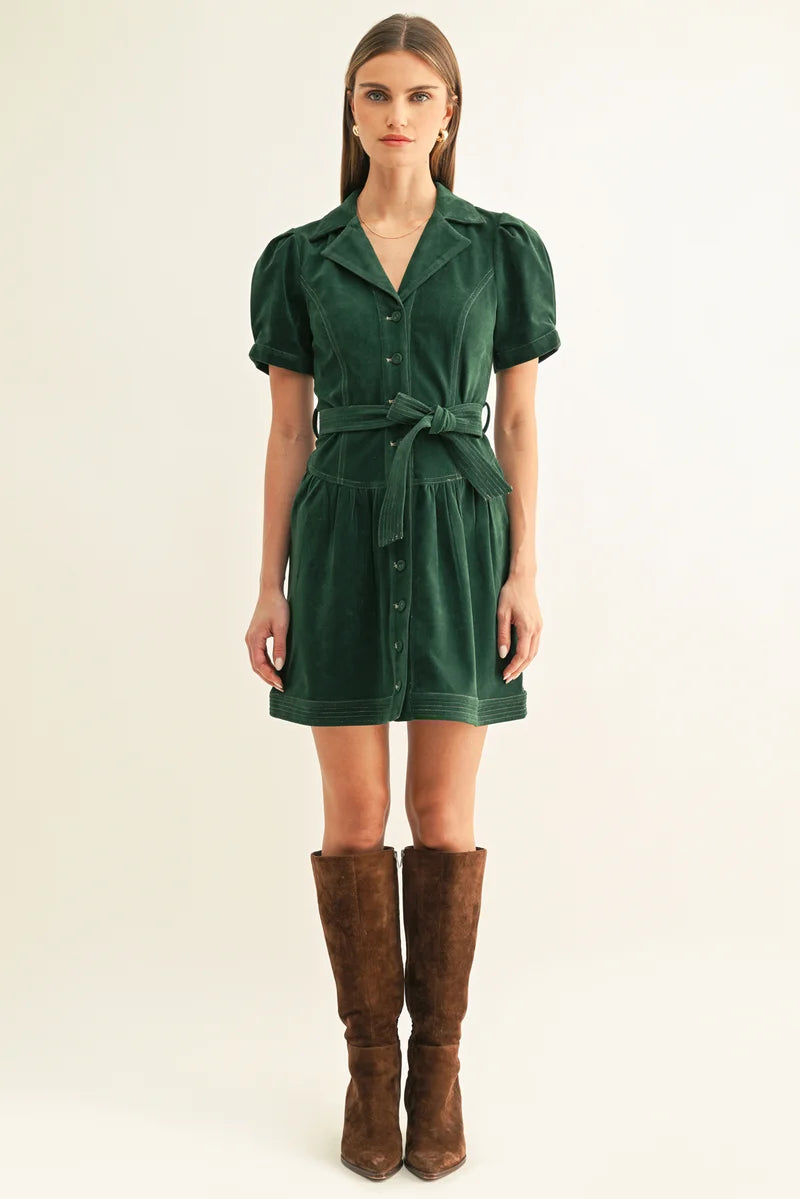 Adelyn Rae Paige Vegan Suede Belted Shirt Mini Dress hunter green 