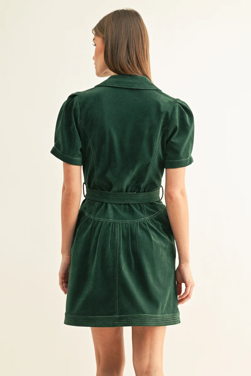 Adelyn Rae Paige Vegan Suede Belted Shirt Mini Dress hunter green 