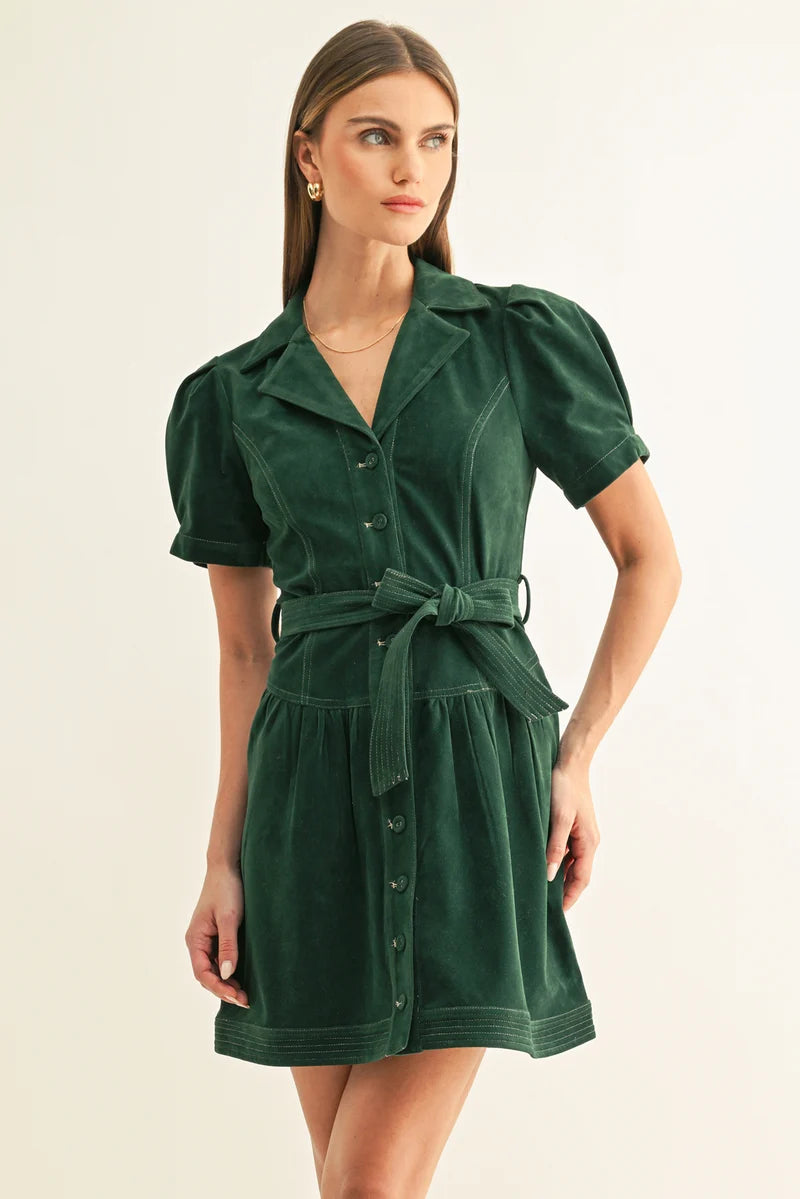 Adelyn Rae Paige Vegan Suede Belted Shirt Mini Dress hunter green 