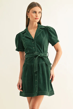 Adelyn Rae Paige Vegan Suede Belted Shirt Mini Dress hunter green 
