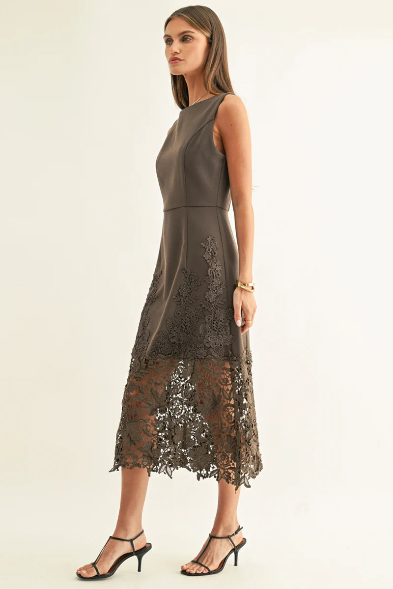 Adelyn Rae Sara Ruffled Lace Hem Midi Dress espresso 