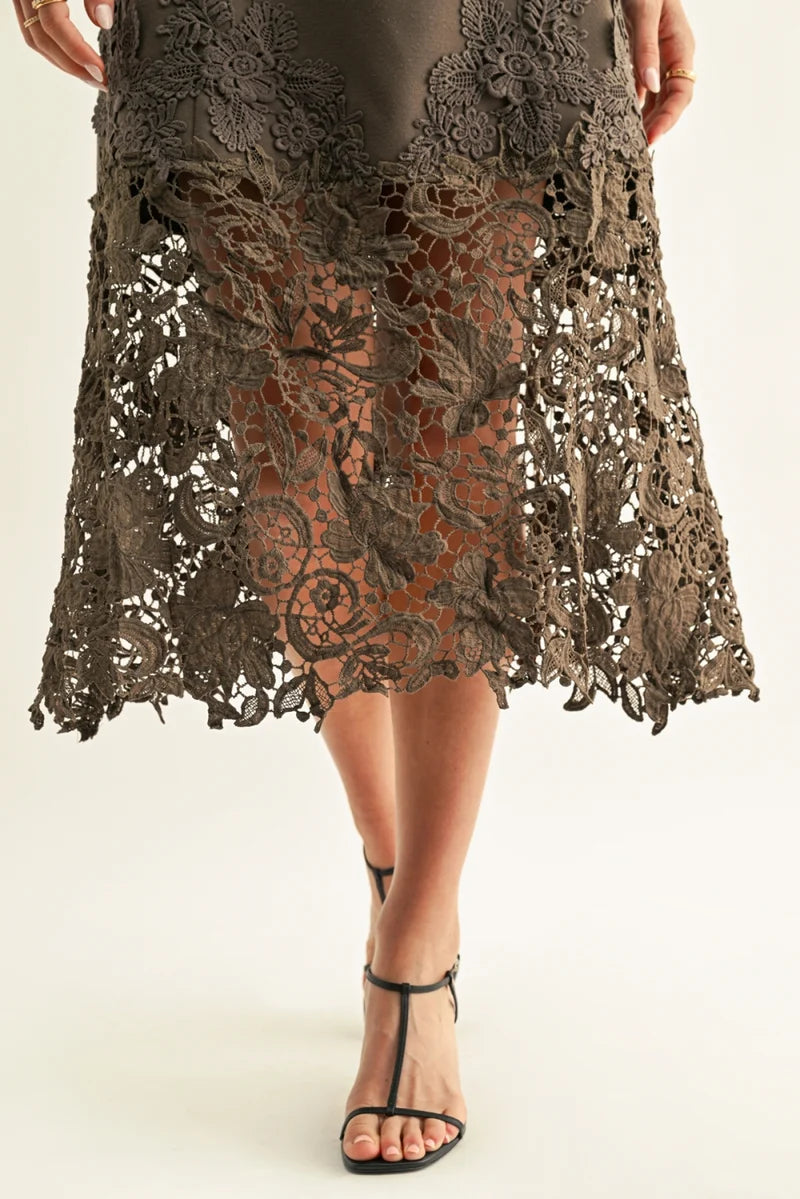 Adelyn Rae Sara Ruffled Lace Hem Midi Dress espresso 