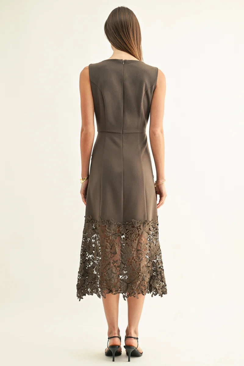 Adelyn Rae Sara Ruffled Lace Hem Midi Dress espresso 
