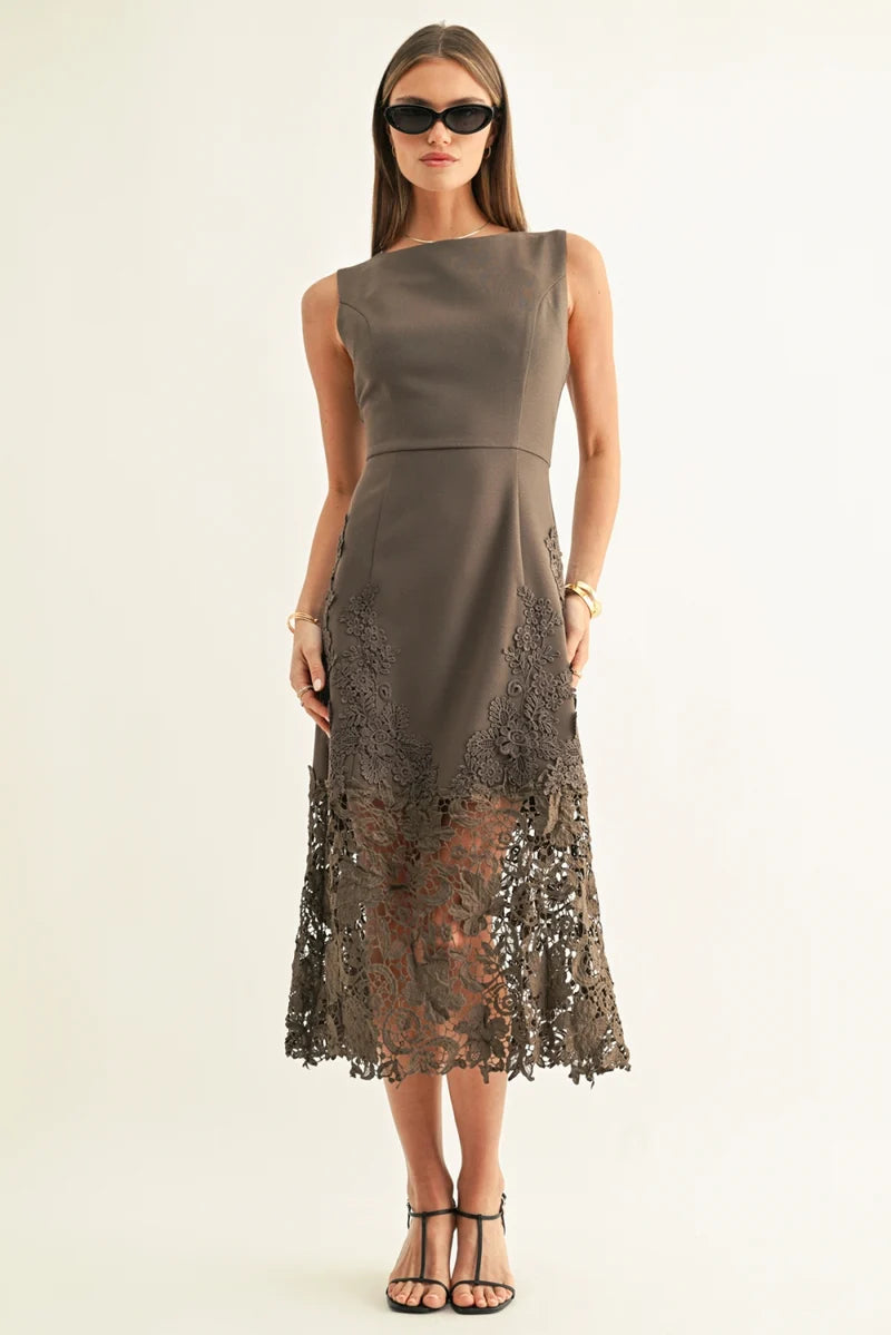 Adelyn Rae Sara Ruffled Lace Hem Midi Dress espresso 
