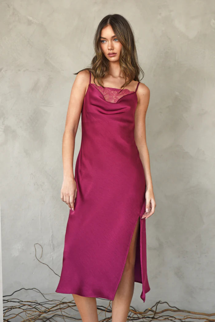 adelyn rae serena lace cowl neck slip dress in mauve-front