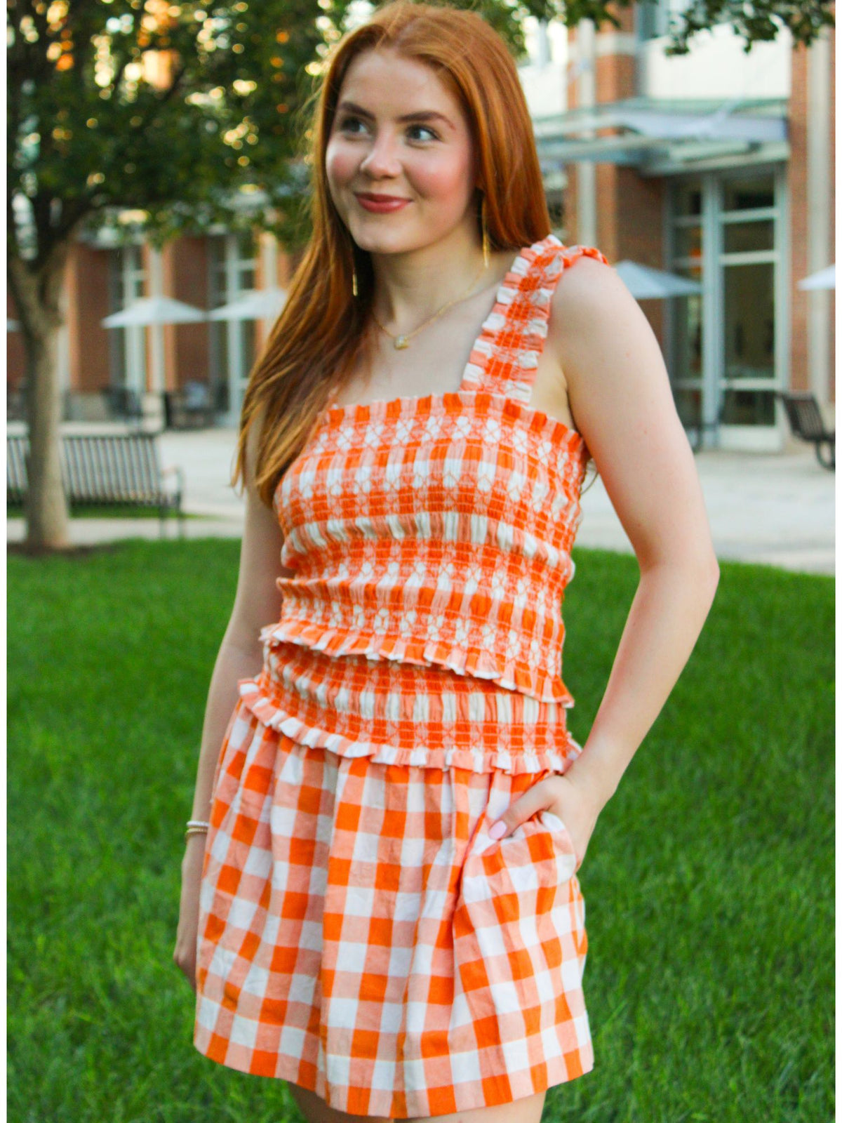 Adelyn Rae Soleil Yarn Dyed Plaid Flared Mini Skirt orange white