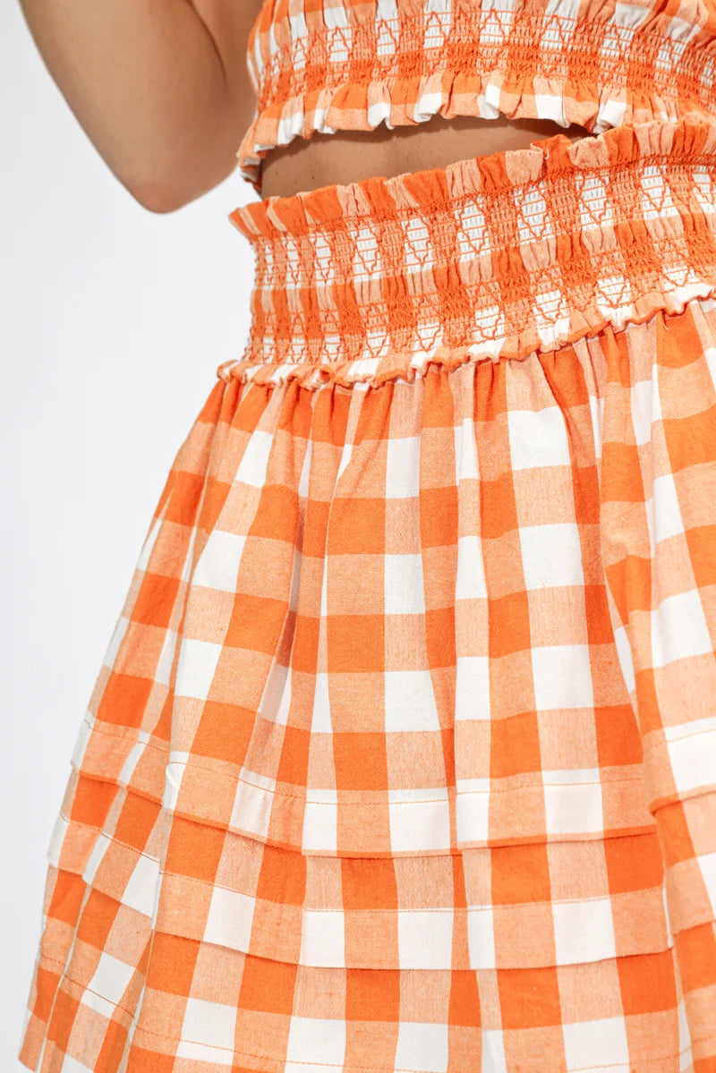 Adelyn Rae Soleil Yarn Dyed Plaid Flared Mini Skirt orange white 